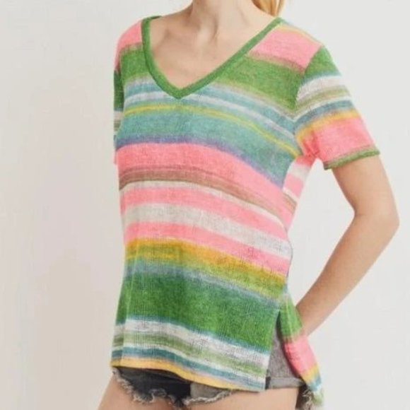 Women's Top ALL SORTS OF STRIPES V-Neck Blouse - Picture 1 of 3